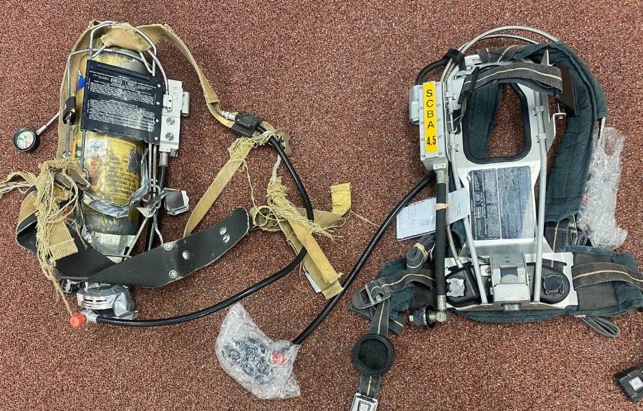 Impact of your donations shows old equipment and new breathing apparatus harness