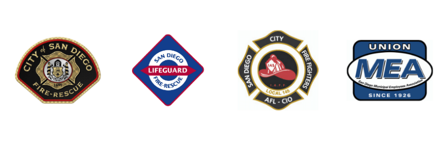 Logos for fire department, lifeguards, IAFF Local 145 and MEA