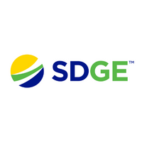 Circle with yellow, green, and blue stripes. SDGE in blue and green.