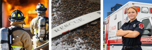 Picture of firefighters, lifeguard rescue board, and woman medic